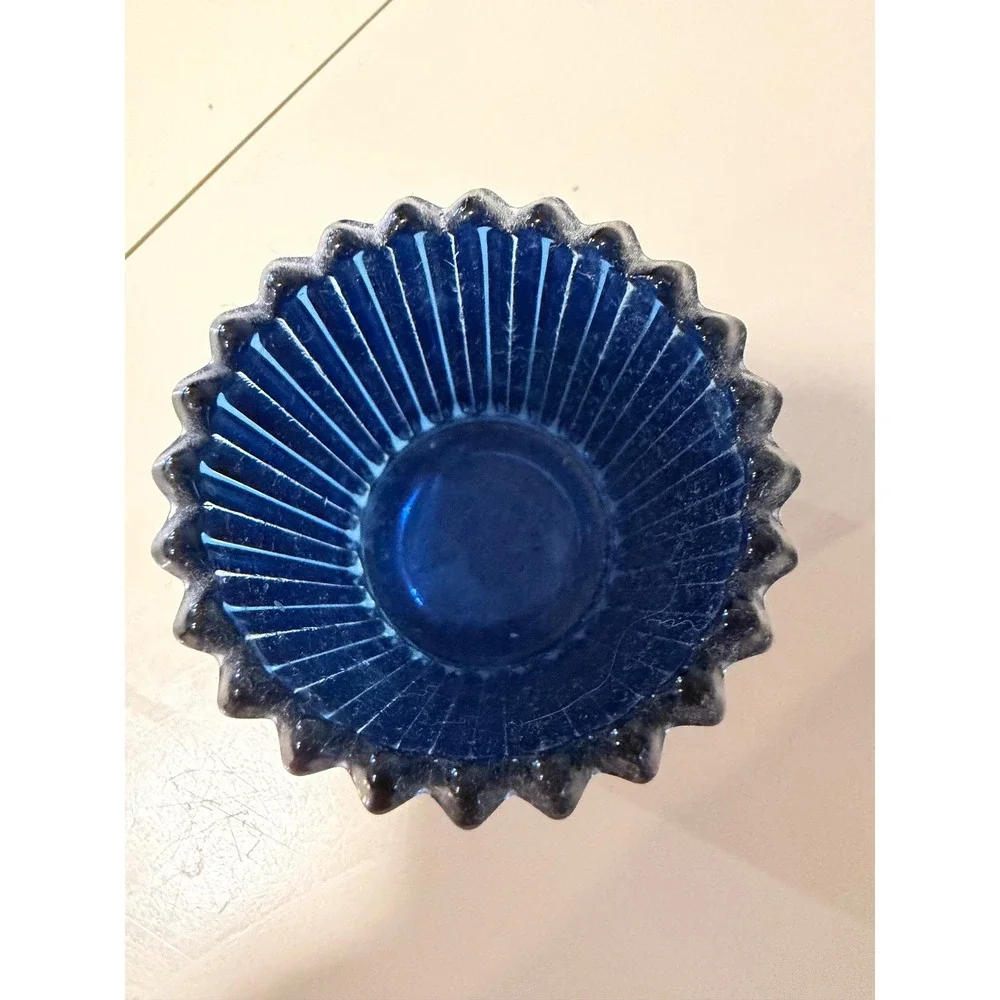 Cobalt Blue Glass Votive Candle Holder Ribbed Scalloped Rim 2.75 Inch